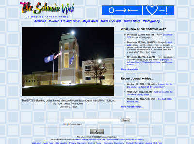 Main Page looks the same as it has for the last several years, with only minor changes. The Photo Feature shown here is from December 2007, when I did some nighttime photography at JMU. Biggest change here is that you will see a full size version of the Photo Feature when you click it.