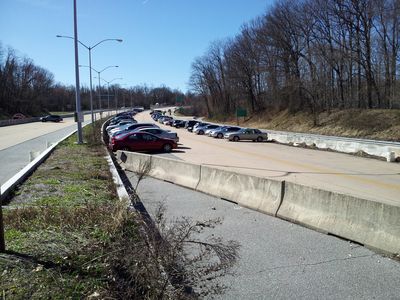 Cars parked in what was intended to be westbound I-70. I am standing on that raised divider in the left of the photo, by the way.