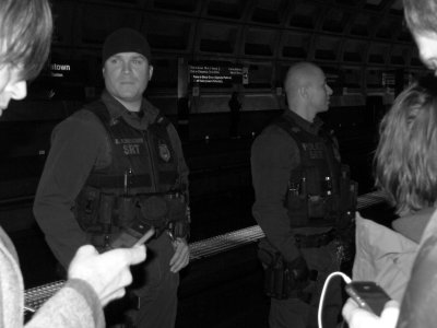 Transit Police was out and about while the group was still large in one place (we gradually dispersed into the Metro system), keeping people away from the platform edge. This annoyed me because they were getting in my way while I was trying to photograph the group. As serious of a WMATA nerd as I am, I know exactly where the edge of the platform is and how to behave on a subway platform. I don't need them to tell me to stay away from the granite edge. I know what I'm doing, thank you very much, so let me do that already.