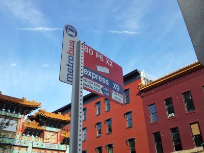 The X2 bus stop sign outside Gallery Place station