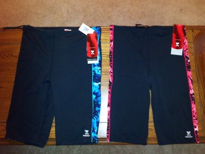 My new Tyr jammers.  Note that the one on the right is actually red like the tag (it looks pink due to the flash).