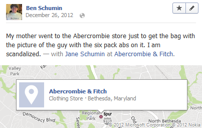 My mother went to the Abercrombie store just to get the bag with the picture of the guy with the six pack abs on it. I am scandalized.