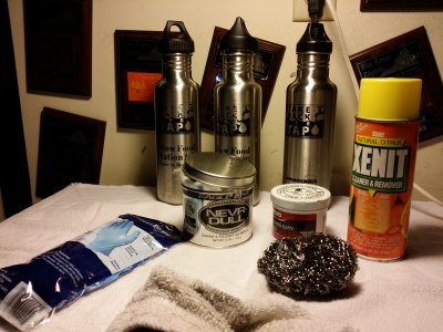 The supplies necessary to clean and polish the water bottles
