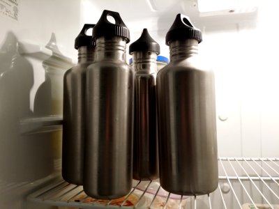 My water bottles, full of water and back in the refrigerator, ready for the moment when I want some cold water with lemon.