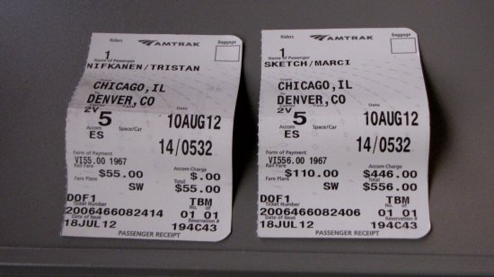 Ticket stubs for Tristan Nifkanen and Marci Sketch, in our roomette for the California Zephyr in August 2012