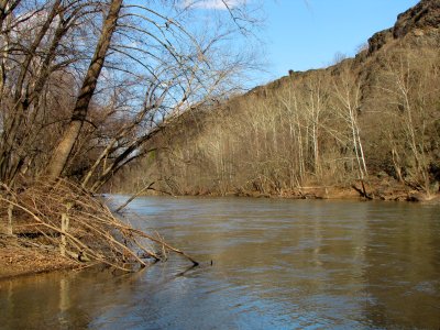 The Potomac River, facing away from the railroad bridge. The mountains on the right side are in West Virginia.