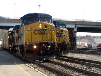 CSX locomotive 9010 passes by, pulling a full load of freight cars behind it.