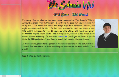 Schumin Web 404 error from December 1, 1999, viewed in a browser window sized for a 1024x768 screen