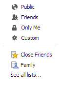 Facebook "privacy" levels: Public, Friends, Only Me, Custom