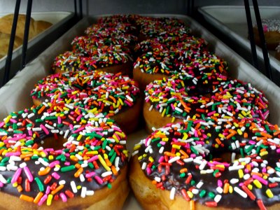 Chocolate iced donuts with sprinkles at the Wawa in Beltsville.