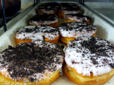 "Cookies and cream" donuts at Wawa.  This may sound unappetizing, but the presentation of the cookie part reminded me more of cigarette ash than crumbled up cookies.  My guess, however, is that these are crumbled up Oreo cookies.