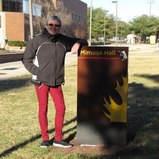 Mom and the Mimosa Hall sign