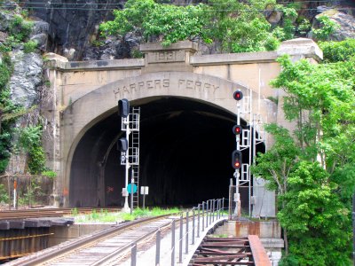 Harpers Ferry tunnel portal.  The Capitol Limited and MARC trains go on the tracks to the left.  The track closest to the camera is not used for passenger service.