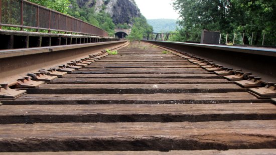 View towards the tunnel while standing in the middle of the westbound track.