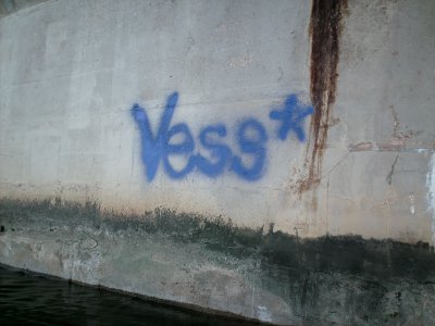 Graffiti on on the of the bridge piers.  I thought the star was kind of funny, which I interpreted as "Vess: Some restrictions apply."