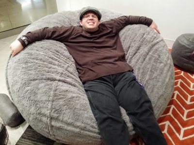 Sinking into a gigantic beanbag chair at LoveSac.  I would totally make this January's splash photo, but considering that December's is a similar photo taken at a Costco, I need to space my beanbags out.