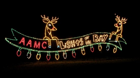 The first display, showing reindeer (with no hind legs, apparently), Christmas lights, and a big banner.  AAMC stands for Anne Arundel Medical Center.