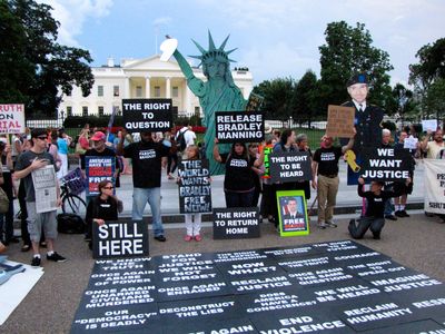 The backdrop of the Bradley Manning demonstration, with the White House in the distance.