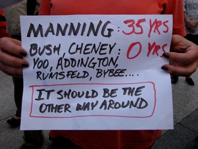 "Manning, 35 years.  Bush, Cheney, Yoo, Addington, Rumsfeld, Bybee: 0 years.  It should be the other way around."