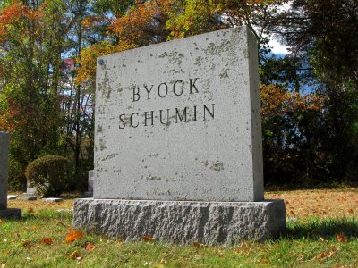 The main memorial, inscribed with the names Byock and Schumin.  Byock was Uncle Seymour's last name, Aunt Ruth's married name, and Grandma's maiden name.  Schumin was Pop's last name, and Grandma's married name.