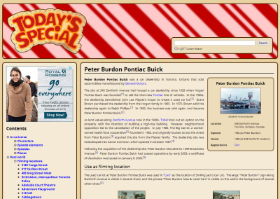 Page for Peter Burdon Pontiac Buick, known on Today's Special as Smiling Jack's, which is representative of an article about a filming location.