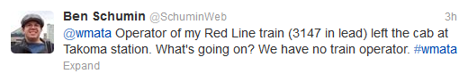 @wmata Operator of my Red Line train (3147 in lead) left the cab at Takoma station. What's going on? We have no train operator. #wmata