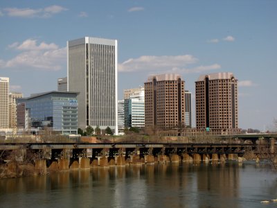 Richmond skyline as viewed from the Belle Isle pedestrian bridge, near the river's north shoreline.