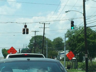 Solid green light out on left turn signal out at Veirs Mill Road and Edmonston Drive in Rockville.