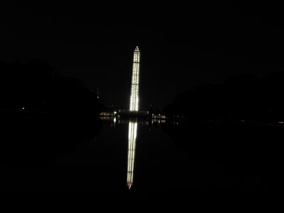 Taken from the Lincoln Memorial towards the end of the evening.  The shot is tilted, and the Monument is not centered in the frame.