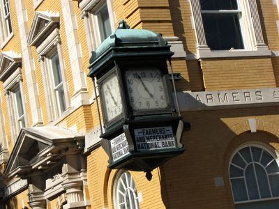 Clock on former Farmers and Merchants National Bank building (now BB&T).  Pete and I were both intrigued by this historic clock.