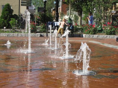 This was a small urban beach on the Loudoun Street pedestrian mall, with many fountains shooting water up into the air at varying heights.  The place was full of kids on this particular day (as I suspect it likely is on most days), but I managed to get one photo with a minimal amount of children in it.