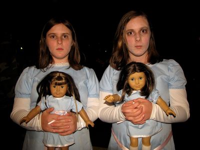 These two girls, whom I remembered from last year, were dressed up as characters from The Shining this time around.  They would come up to people and say, in unison, "Come play with us, forever and ever and ever," with the blank expressions that you see here (more nightmare fuel!).