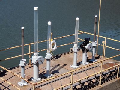 Various intake valves on a platform in Triadelphia Reservoir.