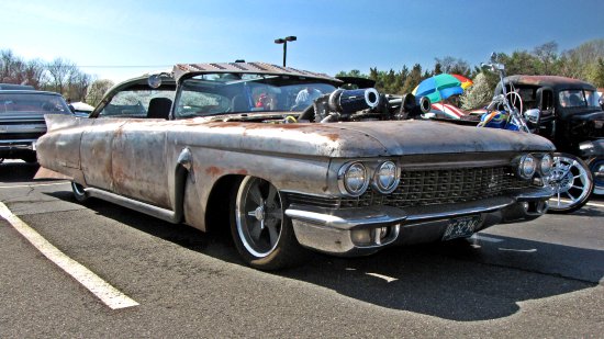 Rat rod built from a fifth-generation Cadillac Eldorado.  I love the rat rods because they are deliberately made to look like a jalopy.  Definitely not something you see every day!