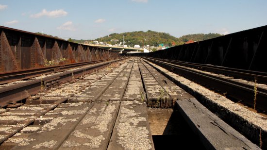 Western Maryland Scenic Railroad bridge, carrying two tracks over the river from Cumberland to Ridgeley. Based on what I observed, only the track on the right side sees regular use, and it is not used for revenue service.