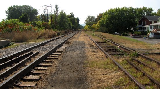 Western Maryland Scenic Railroad tracks in Ridgeley, leading to a rail yard. This photo is a 180-degree turn from the previous one, thus the track on the left side in this photo is the one used for train movements.