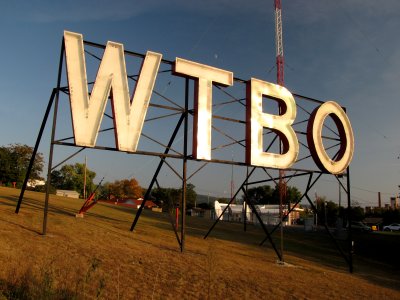 The WTBO sign, photographed during the "golden hour"