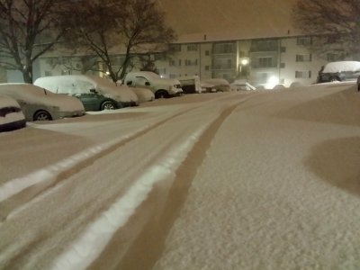 Tire tracks (not mine) leading away from my building.