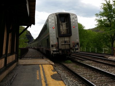 The eastbound Capitol Limited, departing the station on the opposite track from normal.