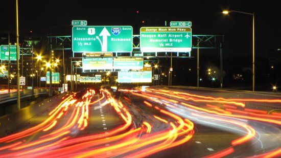 Long exposure photograph of the 14th Street Bridge.  This is the westmost span, i.e. the George Mason Memorial Bridge.  I shot this partly as a warmup, and partly because I really like photographing highways at night due to the headlight streaks.  I really should go out and photograph highways some night.  Could be fun.