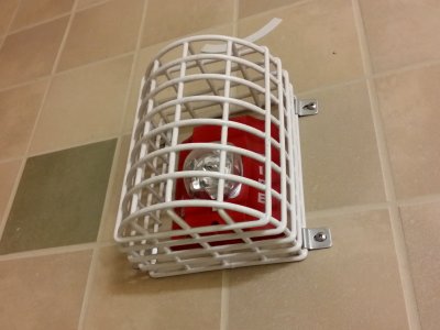 System Sensor fire alarm strobe in the family restroom at the MLK Memorial.  The fact that this strobe is in a big cage in a restroom kind of surprised me.  One would think that this wouldn't be the case.  Usually you see those sorts of things in gymnasiums and such where there is a higher likelihood of such devices' being struck.  A restroom does not fit into that mold.