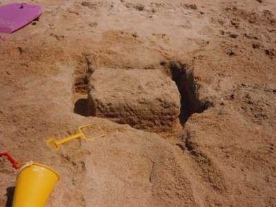 I built this platform in the sand on the first day on the beach. Look at how square it is. This was either 1995 or 1996.