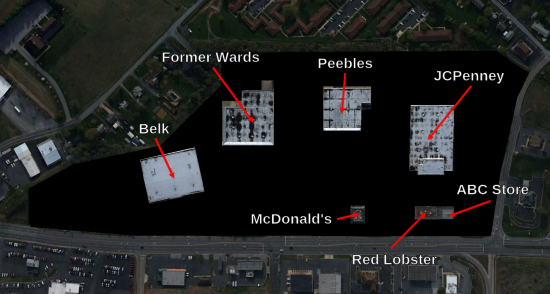 Staunton Mall without the mall, leaving Belk, the former Wards building, Peebles, Penney's, McDonald's, Red Lobster, and the ABC store