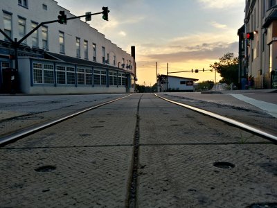 Looking north down the tracks, through the intersection.