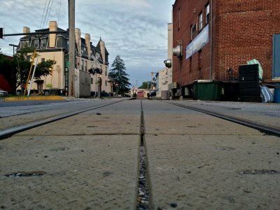 The crossing at Winters Street, facing south towards the Main/Liberty/Railroad crossing.