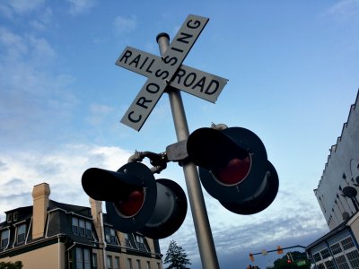 Railroad crossing signal for traffic on Railroad Avenue.