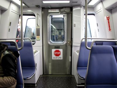 This is the coupler end of car 7007.  In older car series, a cab would be located in this area.  Since the 7000-Series runs in sets of four cars rather than two, this is similar to the other end of the car.