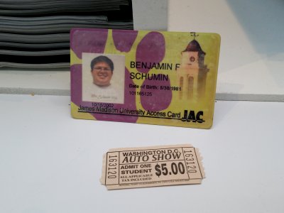 My JAC card and my student ticket for the auto show.  Go Dukes.