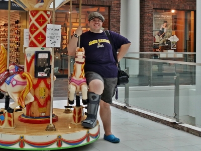 At Pentagon City Mall, sporting a boot cast.