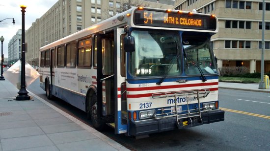 WMATA bus 2137, in position for a passenger stop at L'Enfant Plaza station.